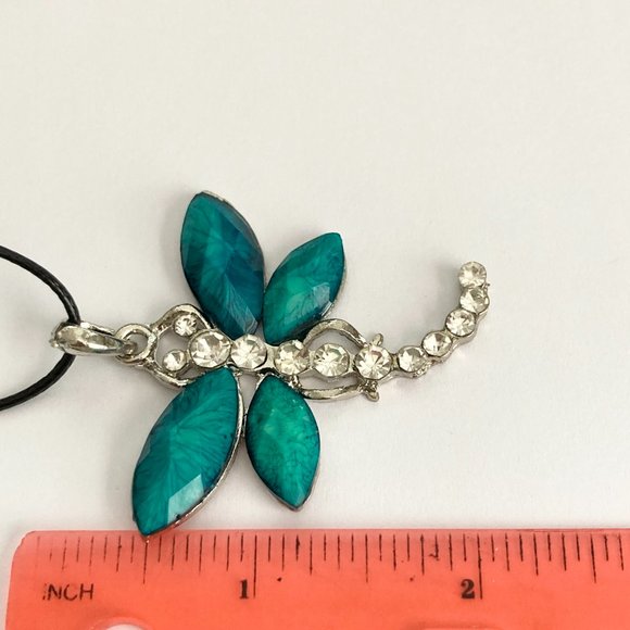 Vtg Dragonfly Necklace Pendant Insect Aqua Crystal Silver Plated Black Cord 18" - Picture 10 of 10